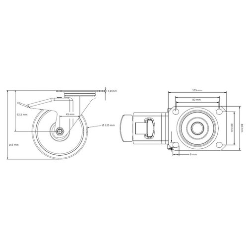 Rodízio direcional Ø 125mm - travão, rolamento de rolos, PA