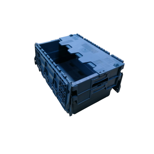 Caixa de plástico 600x400x250mm, encaixável, tampa articulada, 44 litros