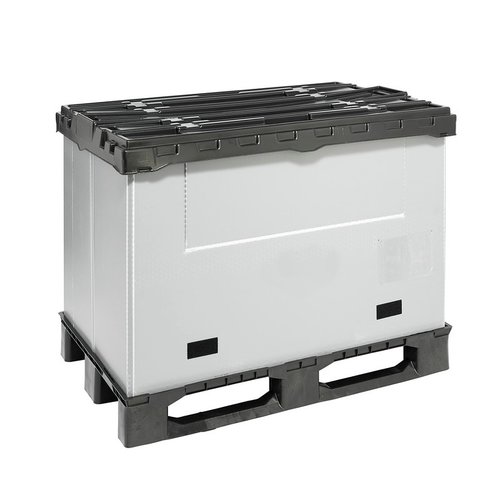 Contentor plástico, desmontável, dobrável, 3 patins, com aba giratória 1220x820x928mm