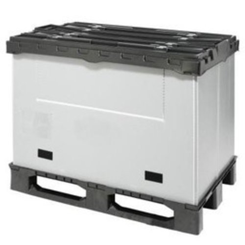 Contentor plástico, desmontável, dobrável, 3 patins, com aba giratória 1220x820x928mm