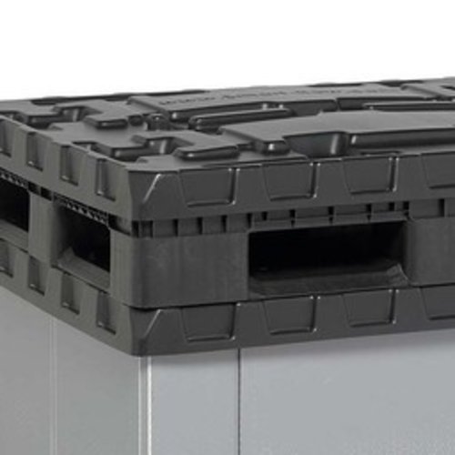 Contentor plástico, desmontável, dobrável, 3 patins, com aba giratória 1220x820x928mm