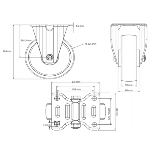 Rodízio fixo de 125 mm- rolamento esferas duplo - ALU / PU