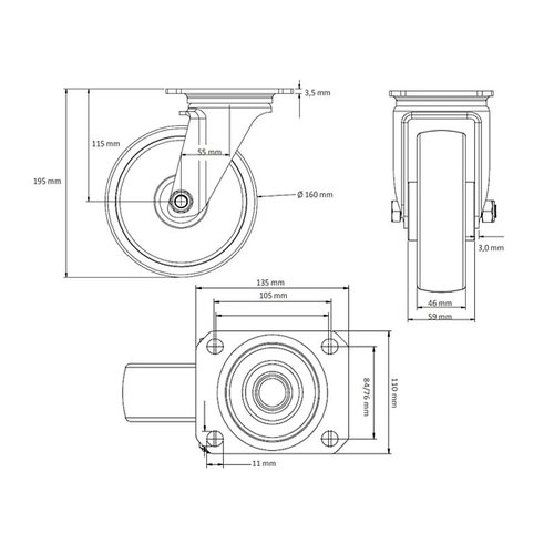 Rodízio giratório de 160 mm Ø -  com rolamento de esferas duplo