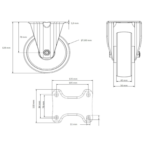 Rodízio para cargas pesadas ALU/PU Ø100mm - Rolamento duplo, 250 kg