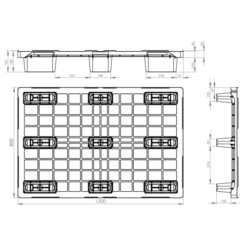 Palete de plástico 1200x800x150mm - 9 tacos- topo perfurado
