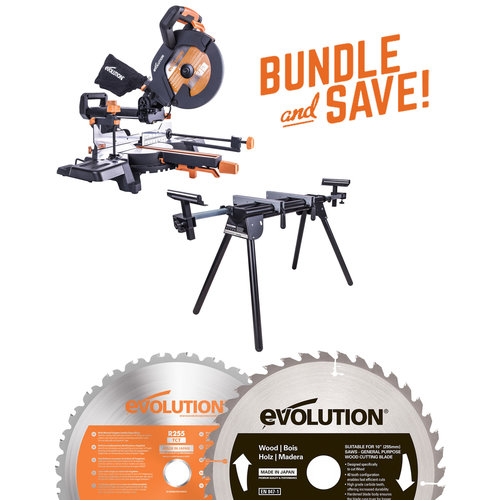 Evolution Power Tools Build Line MULTIFUNCTIONAL MITRE SAW RAGE R255 SMS+ + MITRE SAW STAND + SAW BLADE WOOD 255 MM