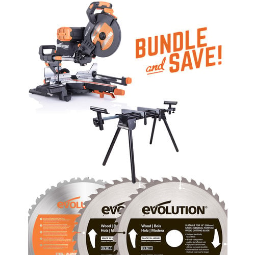 Evolution Power Tools Build Line DOPPELSCHRÄGGEHRUNGSSÄGE MIT MEHREREN MATERIALIEN RAGE - R255SMS-DB+ + GEHRUNGSSÄGENSTANDER MIT ERWEITERUNGEN + HOLZ KLINGE 255 MM