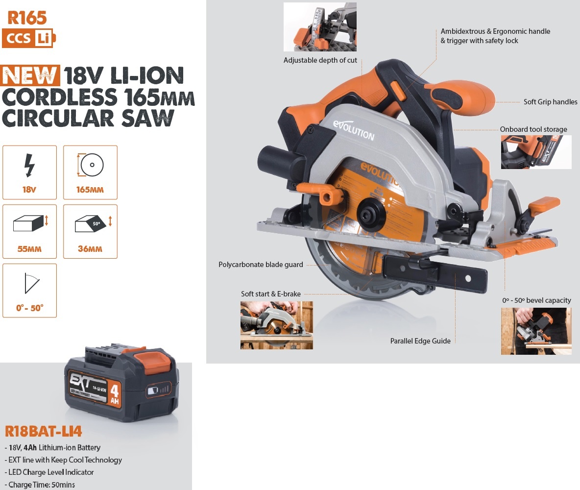 Newcomer from Evolution: R165CCS battery-powered multifunction circular saw. 