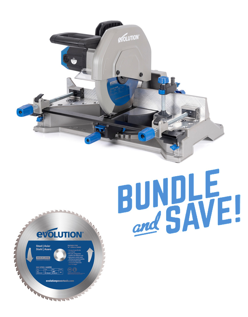 MITERING CHOP SAW S355MCS + EXTRA SAW BLADE STEEL Evolution Power Tools Benelux