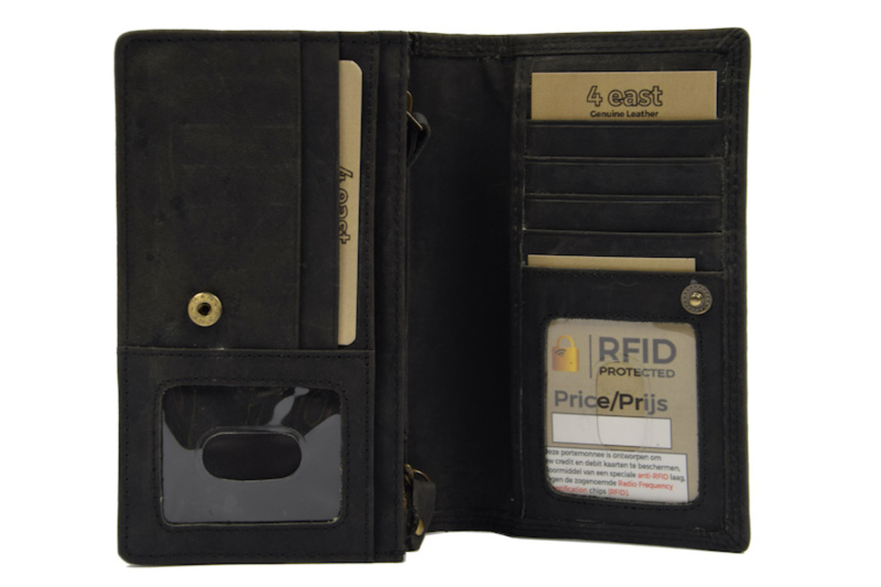 4 East Vintage Leather Ladies Wallet - Ideal Ladies Wallet Tough Leather Wallet Household wallet 17 cards Ladies wallet - Harmonica wallet buffalo leather Wallet black Wrap wallet - Harmonica wallet