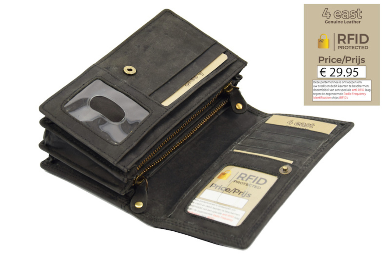 4 East Vintage Leather Ladies Wallet - Ideal Ladies Wallet Tough Leather Wallet Household wallet 17 cards Ladies wallet - Harmonica wallet buffalo leather Wallet black Wrap wallet - Harmonica wallet