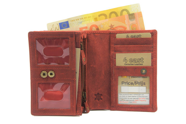 4 East Secure RFID Wallet | Buffalo leather | 10 Passes | Coin compartment | Red | RFID, Press studs | 12.5x8.5x3cm 4 East Secure RFID Wallet | Buffalo leather | 10 Passes | Coin compartment | Red | RFID, Press studs | 12.5x8.5x3cm