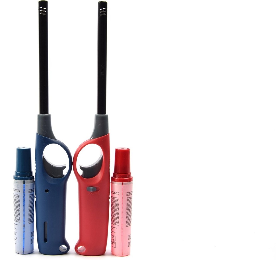 Merkloos Gas Lighter Set with Refills - 2 Refillable Butane Lighters with Child Lock, Fuel Indicator and Flame Adjustment - Red and Blue