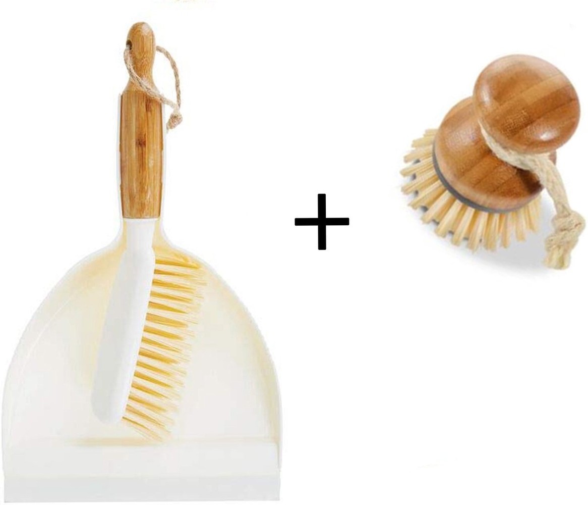 Merkloos Luxury Set Bamboo Dustpan and Tin | bamboo sweeper Sustainable beige 37x25cm| Dishwashing brush - kitchen brush - round handle 10xØ7cm 80gr