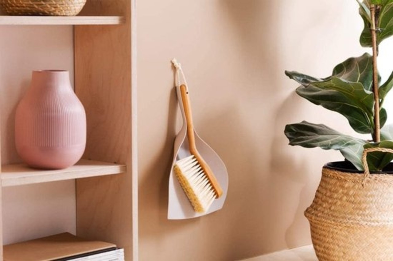 Merkloos Set Stoffer Blik Bamboe| veeggarnituur bamboe Duurzaam beige 37x25cm| Afwasborstel  keukenborstel  rond handvat 10xØ7cm