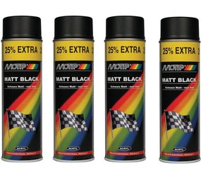 Motip Motip verf 4 stuks spuitverf Mat zwart sneldrogend 500 mL voor metaal , hout, aluminium en steen - 25 % EXTRA Motip Motip verf 4 stuks spuitverf Mat zwart sneldrogend 500 mL voor metaal , hout, aluminium en steen - 25 % EXTRA