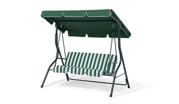 Discountershop Schommelbank tuin groen tweezit met zonnescherm - Schommelbank - Groen-Wit - 140X110X153CM Discountershop Schommelbank tuin groen tweezit met zonnescherm - Schommelbank - Groen-Wit - 140X110X153CM