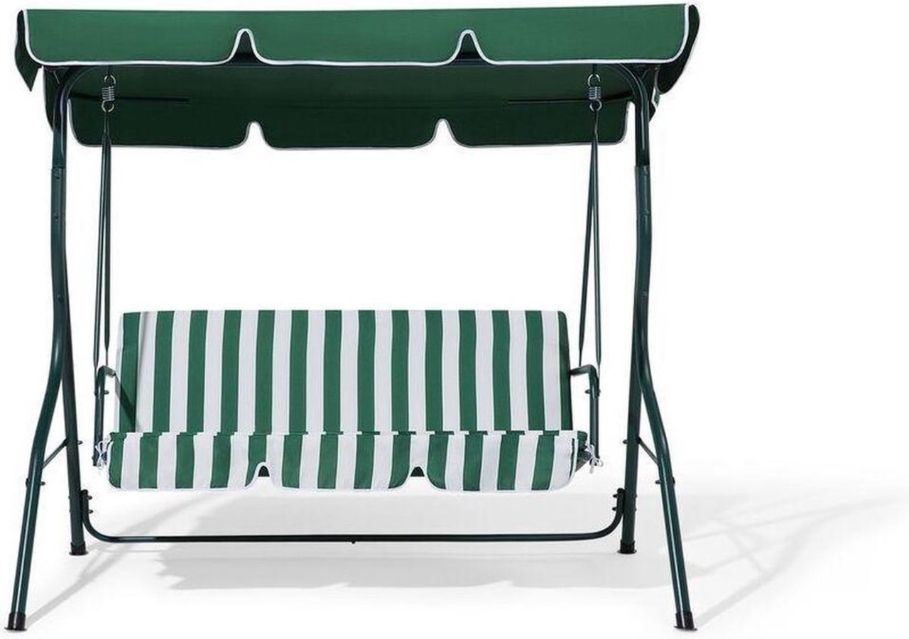 Discountershop Schommelbank tuin groen tweezit met zonnescherm - Schommelbank - Groen-Wit - 140X110X153CM Discountershop Schommelbank tuin groen tweezit met zonnescherm - Schommelbank - Groen-Wit - 140X110X153CM
