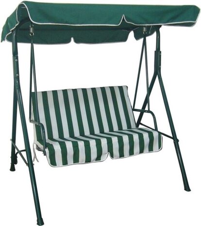 Discountershop Schommelbank tuin groen tweezit met zonnescherm - Schommelbank - Groen-Wit - 140X110X153CM Discountershop Schommelbank tuin groen tweezit met zonnescherm - Schommelbank - Groen-Wit - 140X110X153CM
