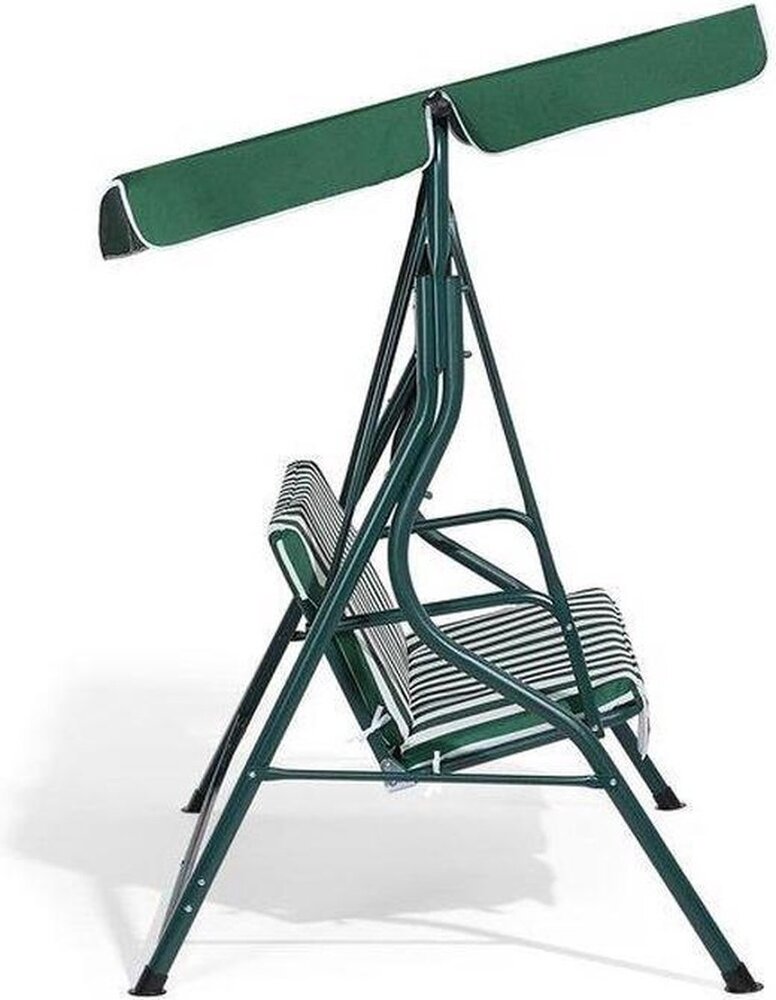 Discountershop Schommelbank tuin groen tweezit met zonnescherm - Schommelbank - Groen-Wit - 140X110X153CM Discountershop Schommelbank tuin groen tweezit met zonnescherm - Schommelbank - Groen-Wit - 140X110X153CM
