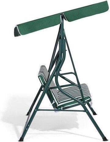 Discountershop Schommelbank tuin groen tweezit met zonnescherm - Schommelbank - Groen-Wit - 140X110X153CM Discountershop Schommelbank tuin groen tweezit met zonnescherm - Schommelbank - Groen-Wit - 140X110X153CM