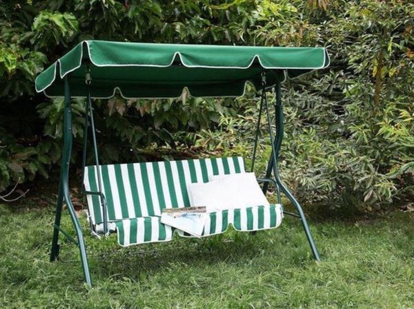 Discountershop Schommelbank tuin groen tweezit met zonnescherm - Schommelbank - Groen-Wit - 140X110X153CM Discountershop Schommelbank tuin groen tweezit met zonnescherm - Schommelbank - Groen-Wit - 140X110X153CM