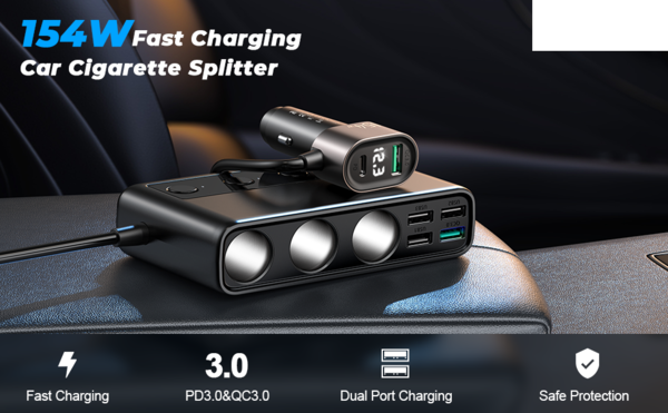 Discountershop Car Cigarette Lighter Splitter – 12V/24V USB Car Charger Adapter – 9 Port Car Charger – 4 USB + 2 USB-C + 3 Cigarette Lighter Sockets – 171W Splitter / Converter – Car Plug