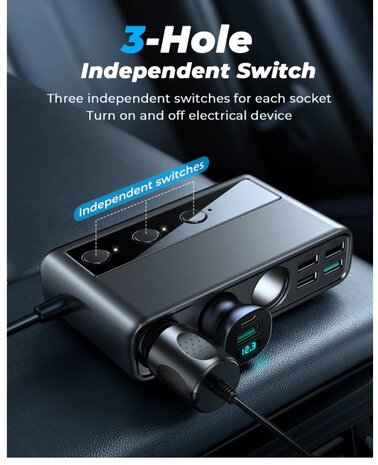 Discountershop Car Cigarette Lighter Splitter – 12V/24V USB Car Charger Adapter – 9 Port Car Charger – 4 USB + 2 USB-C + 3 Cigarette Lighter Sockets – 171W Splitter / Converter – Car Plug