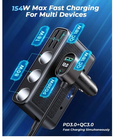 Discountershop Auto Sigarettenaansteker Splitter – 12V/24V USB Autolader Adapter – Auto Oplader met 9 Aansluitingen – 4 USB + 2 USB-C + 3 Sigarettenaanstekers – 171W Verdeler / Omvormer – Autostekker Discountershop Auto Sigarettenaansteker Splitter – 12V/24V USB Autolader Adapter – Auto Oplader met 9 Aansluitingen – 4 USB + 2 USB-C + 3 Sigarettenaanstekers – 171W Verdeler / Omvormer – Autostekker