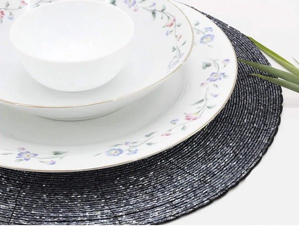 Discountershop Placemats - Round - 30 cm - 4 pieces - Pad - Heat resistant - Dark gray - Luxurious look beaded Placemat Discountershop Placemats - Round - 30 cm - 4 pieces - Pad - Heat resistant - Dark gray - Luxurious look beaded Placemat