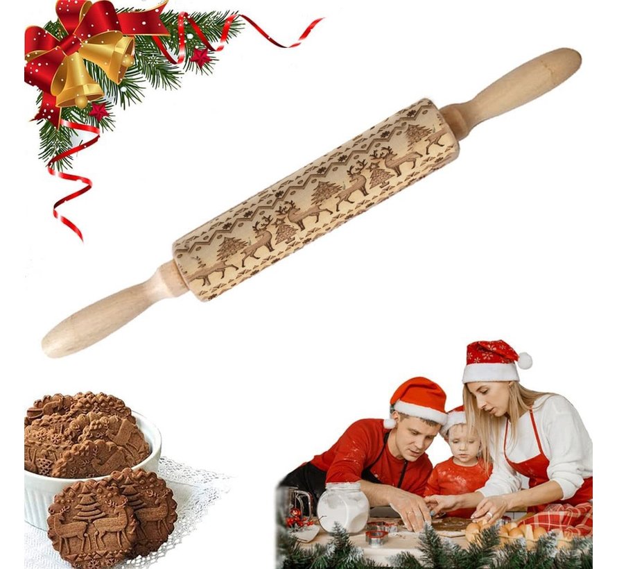 Deegroller van hout voor kerstkoekjes | Gegraveerde Deegroller |kerstgebak| Uitsteekvormpjes |koekvormpjes| Koekjes | Koek |