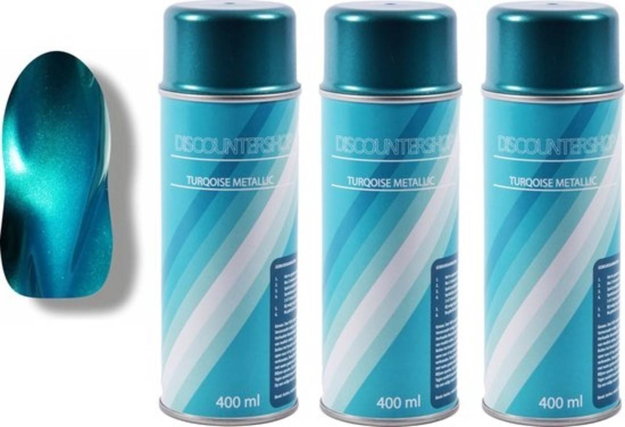Discountershop 3x Spuitverf | Spuitlak | Spuitbus | turquoise metallic | Vernis | Sneldrogend | Transparant | Binnen & Buiten| 1200ml Discountershop 3x Spuitverf | Spuitlak | Spuitbus | turquoise metallic | Vernis | Sneldrogend | Transparant | Binnen & Buiten| 1200ml