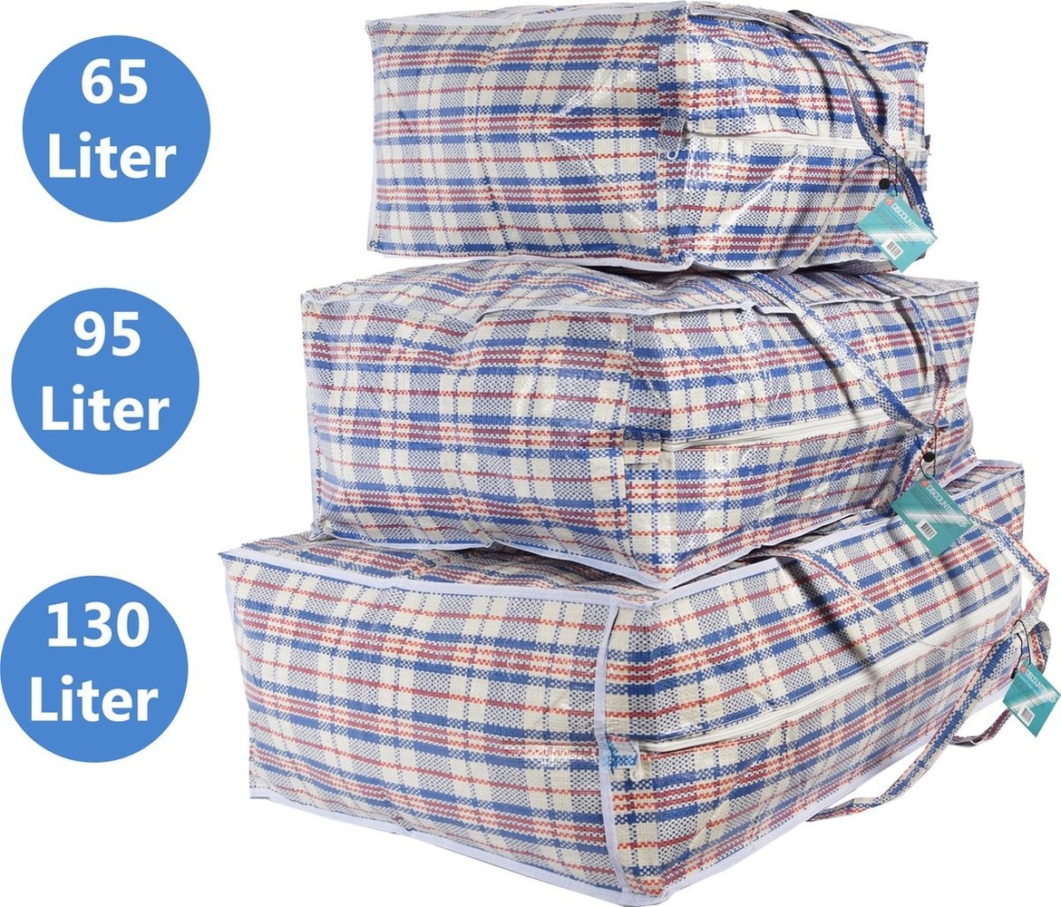 Discountershop Opbergtas 130 95 en 65 liter Big shopper Jumbo shoppers Reistas extra groot Grote boodschappentas Zak geruit Mega tas Wastas Boodschappentas met rits 3 stuks opbergtas Discountershop.n...