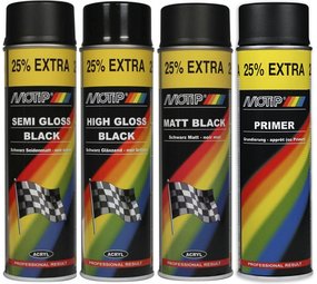 Motip Spuitbus Lak Motip set 4 stuks - Spuitbus mat zwart verf Matt Black - Spuitbus zijdeglans zwart verf - Spuitbus hoogglans zwart verf - Spuitbus Grondverf Primer zwart verf of Grondverf met inhoud van 500ML Motip Spuitbus Lak Motip set 4 stuks - Spuitbus mat zwart verf Matt Black - Spuitbus zijdeglans zwart verf - Spuitbus hoogglans zwart verf - Spuitbus Grondverf Primer zwart verf of Grondverf met inhoud van 500ML