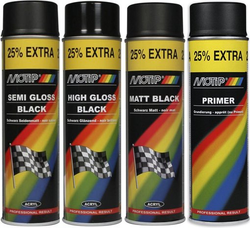 Motip Spuitbus Lak Motip set 4 stuks - Spuitbus mat zwart verf Matt Black - Spuitbus zijdeglans zwart verf - Spuitbus hoogglans zwart verf - Spuitbus Grondverf Primer zwart verf of Grondverf met inhoud van 500ML Motip Spuitbus Lak Motip set 4 stuks - Spuitbus mat zwart verf Matt Black - Spuitbus zijdeglans zwart verf - Spuitbus hoogglans zwart verf - Spuitbus Grondverf Primer zwart verf of Grondverf met inhoud van 500ML