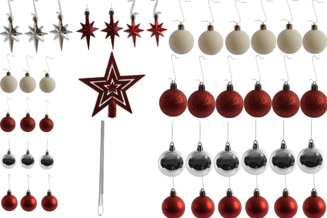 Small Christmas balls with 50 Christmas ball hooks 3-4cm 44-piece, decoration with a peak red silver with glitter chain
