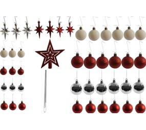 Discountershop Kleine Kerstballen met 50 Kerstbalhaakjes 3-4cm 44-delig |decoratie met en piek rood zilver met glitters ketting |kunststof kerstbal