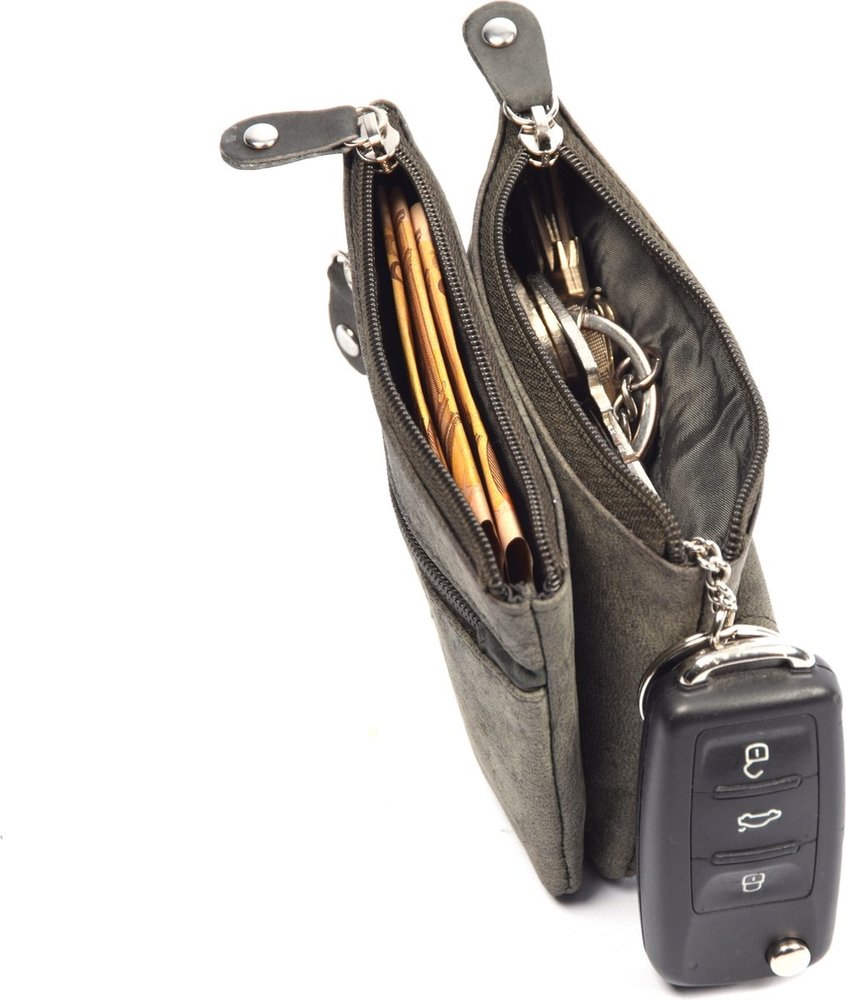 4 East 4East® |Sleuteletui portemonnee|Grijs |Groen | portemonnee etui - ring portemonnee - pasjeshouder met rits - rits portemonnee - 3 ritsen portemonnee - buffelleer portemonnee - portemonnee met RFID