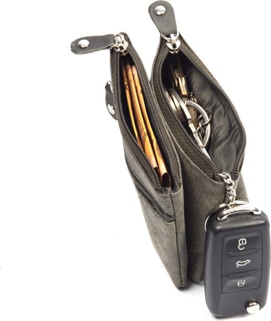 4 East 4East® |Sleuteletui portemonnee|Grijs |Groen | portemonnee etui - ring portemonnee - pasjeshouder met rits - rits portemonnee - 3 ritsen portemonnee - buffelleer portemonnee - portemonnee met RFID