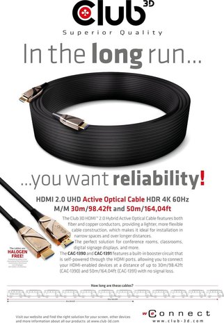 Club3d CLUB3D HDMI 2.0 UHD Active Optical Cable HDR 4K 60Hz M/M 30 meters - club3D HDMI Connection cable 30 meters Flame resistant, High Speed HDMI Black [1x HDMI plug - 1x HDMI- Metal connector:Gold Club3d CLUB3D HDMI 2.0 UHD Active Optical Cable HDR 4K 60Hz M/M 30 meters - club3D HDMI Connection cable 30 meters Flame resistant, High Speed HDMI Black [1x HDMI plug - 1x HDMI- Metal connector:Gold