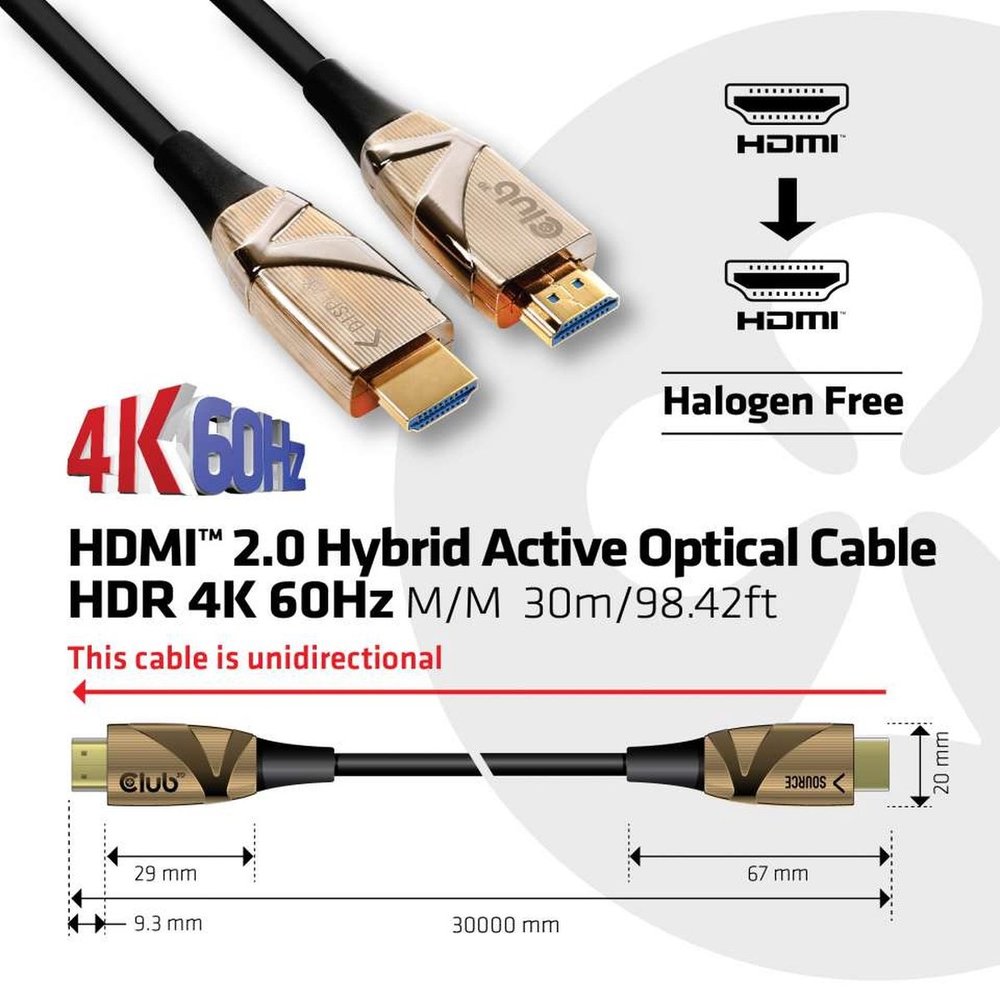 Club3d CLUB3D HDMI 2.0 UHD Active Optical Kabel HDR 4K 60Hz M/M 30 meter - club3D HDMI Aansluitkabel 30 meter Vlambestendig, High Speed HDMI Zwart [1x HDMI-stekker - 1x HDMI- Metaal aansluiting:Goud Club3d CLUB3D HDMI 2.0 UHD Active Optical Kabel HDR 4K 60Hz M/M 30 meter - club3D HDMI Aansluitkabel 30 meter Vlambestendig, High Speed HDMI Zwart [1x HDMI-stekker - 1x HDMI- Metaal aansluiting:Goud