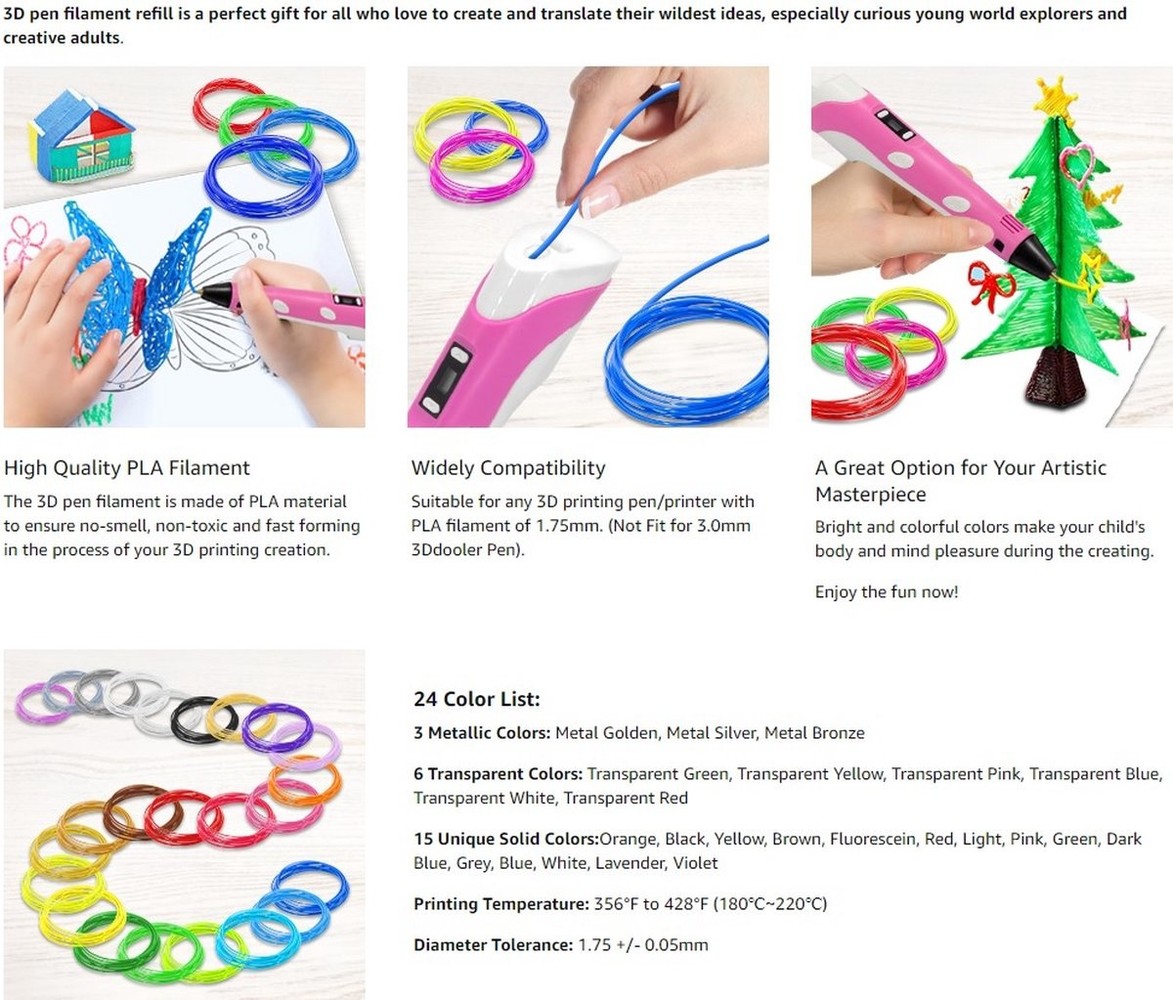 3D Pen Filament Refills PLA 30 Colors 3D Printing Pen Filament 1.75mm for  Kids