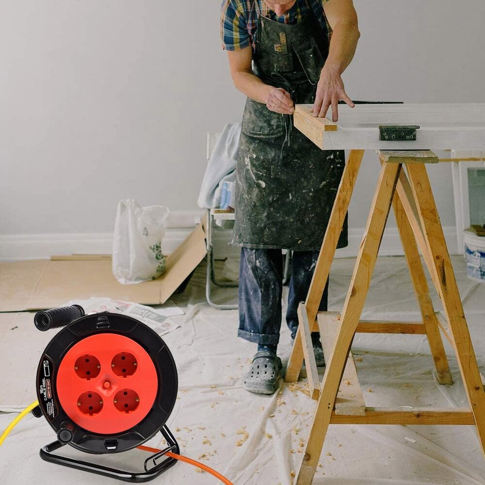 Discountershop Cable reel Randaarde - 25m with 3 x 1.0 mm2 PVC cord Cable box extension cord cable reel cable extension reel with 4 earthed sockets 25 meters - Cable reel - reel - reel 25 meters - cable reel 230 volts | 2300 watts