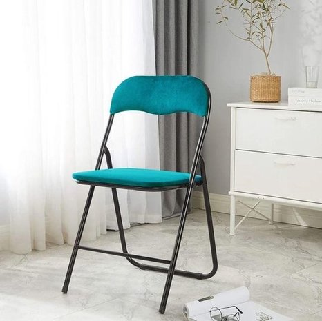 Discountershop Klapstoel met zithoogte van 43 cm Vouwstoel velvet zitvlak en rug bekleed - stoel - tafelstoel- tafelstoel - klapstoel - Velvet klapstoel - Luxe klapstoel - Met kussentjes - Stoelen - Klapstoelen - Stoeltje - Premium chair - blauw turquoise