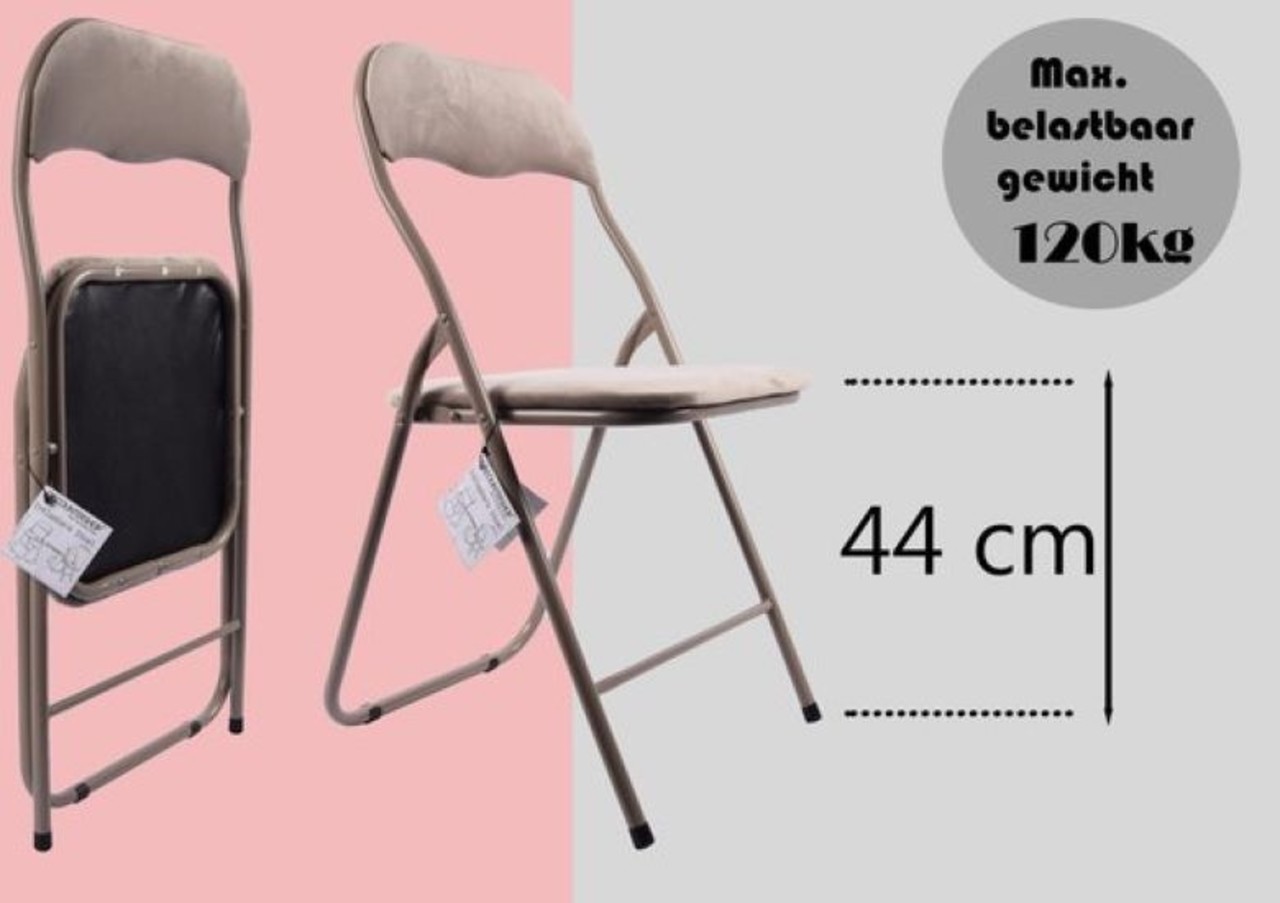 Discountershop 6x Klapstoel met zithoogte van 43 cm Vouwstoel velvet zitvlak en rug bekleed - stoel - tafelstoel- tafelstoel - klapstoel - Velvet klapstoel - Luxe klapstoel - Met kussentjes - Stoelen - Klapstoelen - Stoeltje - Premium chair - beige taupe