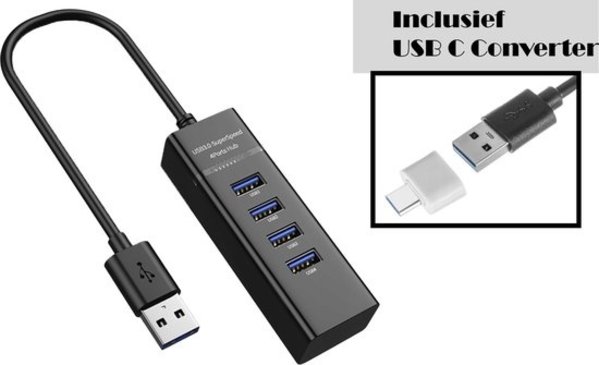 Discountershop Discountershop® USB 3.0 Hub - 4 Poorten - Inclusief USB C Converter - USB Splitter - Zwart Discountershop Discountershop® USB 3.0 Hub - 4 Poorten - Inclusief USB C Converter - USB Splitter - Zwart