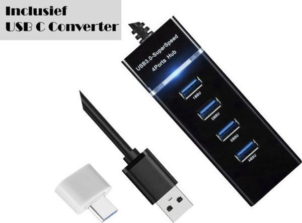 Discountershop Discountershop® USB 3.0 Hub - 4 Ports - Including USB C Converter - USB Splitter - Black Discountershop Discountershop® USB 3.0 Hub - 4 Ports - Including USB C Converter - USB Splitter - Black