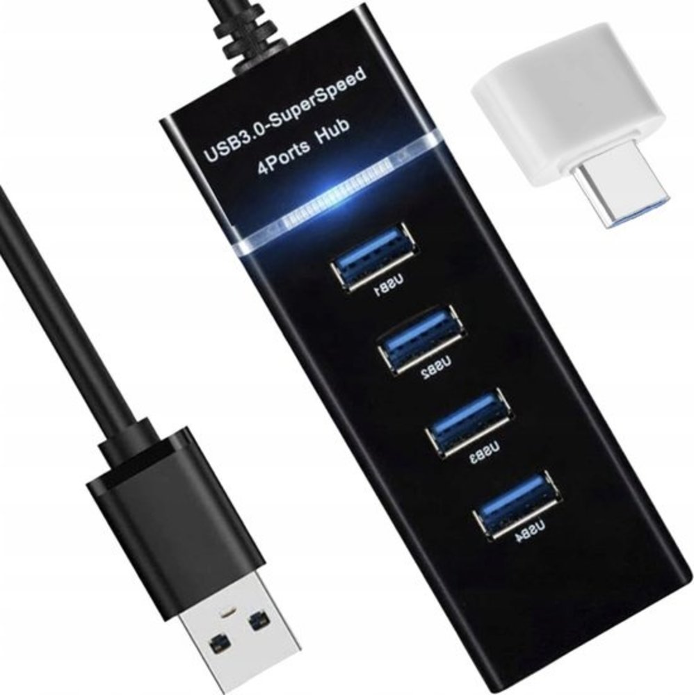 Discountershop Discountershop® USB 3.0 Hub - 4 Poorten - Inclusief USB C Converter - USB Splitter - Zwart Discountershop Discountershop® USB 3.0 Hub - 4 Poorten - Inclusief USB C Converter - USB Splitter - Zwart