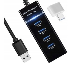 Discountershop Discountershop® USB 3.0 Hub - 4 Poorten - Inclusief USB C Converter - USB Splitter - Zwart Discountershop Discountershop® USB 3.0 Hub - 4 Poorten - Inclusief USB C Converter - USB Splitter - Zwart