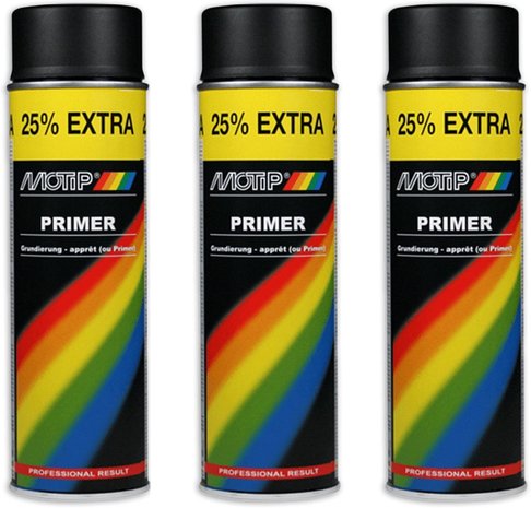 Motip Motip verf 3 stuks spuitverf Primer zwart  sneldrogend 500 mL voor metaal , hout, aluminium en steen - 25 % EXTRA Motip Motip verf 3 stuks spuitverf Primer zwart  sneldrogend 500 mL voor metaal , hout, aluminium en steen - 25 % EXTRA
